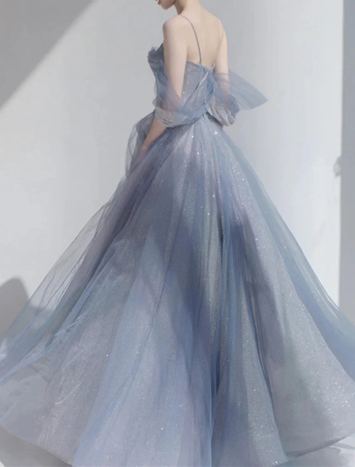 Vestido de fiesta con pedrería, para invitados de boda, graduación, largo hasta el suelo, sin mangas, hombros descubiertos, de tul con purpurina